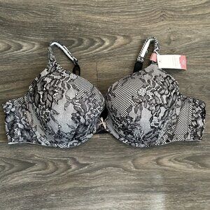 NEW Cacique Lane Bryant Boost Plunge Bra 50B Black White Floral Lace Balconette